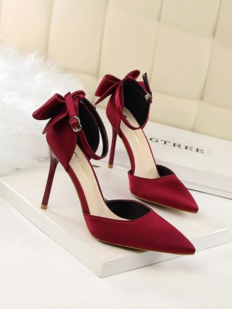 Bow Decor Satin Stiletto Heels | SHEIN USA High Heels Elegant Style, Wine Red Heels, Pumps With Straps, Wedding Shoes Women, Red Shoes Heels, Red Wedding Shoes, Hak Tinggi, Summer Pumps, Heels Red