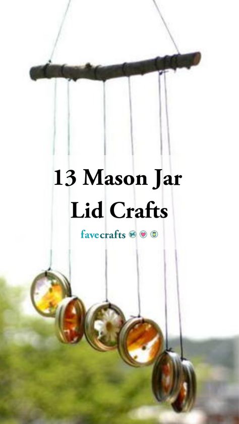 13 Mason Jar Lid Crafts Canning Jar Rim Crafts, Upcycle Mason Jar Lids, Glass Mason Jar Lids Craft Ideas, Mason Jar Ring Crafts Canning Lids, Craft With Canning Rings, Mason Jar Bands Crafts, Things To Do With Mason Jar Lids, Craft With Mason Jar Lids, Canning Jar Lids Crafts