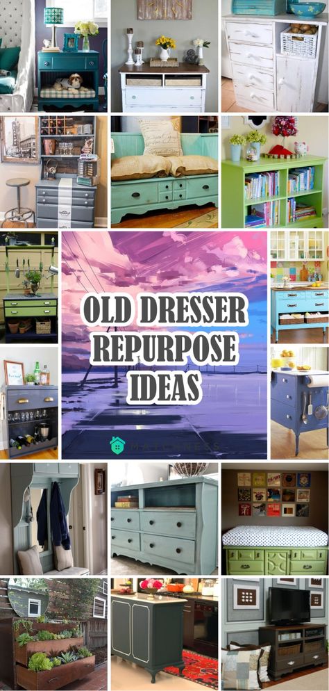 25 Old Dresser Repurpose Ideas - Matchness.com Repurpose A Dresser Diy Ideas, Repurposing Old Dressers, Ideas For Old Dressers Diy Projects, Recycle Dresser Ideas, Repurpose Dresser To Tv Stand, Repurpose Bedroom Furniture, Diy Upcycle Dresser Ideas, Vintage Dresser Repurpose, Old Dresser Makeover Diy Ideas