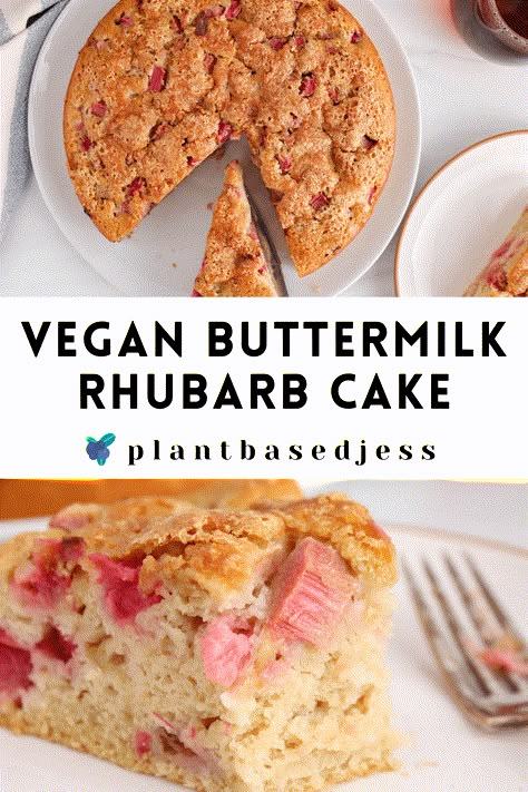 Strawberry Rhubarb Cake, Healthy Rhubarb Recipes, Vegan Rhubarb, Rhubarb Desserts Recipes, Vegan Buttermilk, Rhubarb Coffee Cakes, Vegan Baked Goods, Rhubarb Desserts, Fruity Cake