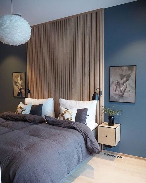 Blue Headboard, Bedroom Wall Designs, Dekorasi Kamar Tidur, Wood Headboard, Wooden Slats, Blue Bedroom, Main Bedroom, Contemporary Bedroom, My New Room