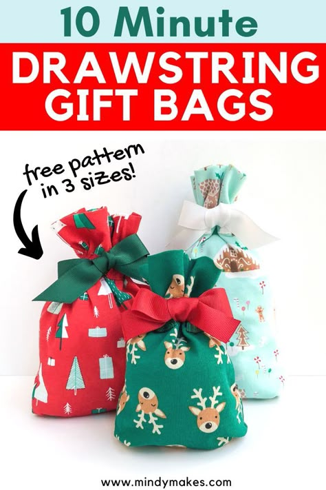 How To Make Small Fabric Gift Bags, Drawstring Christmas Gift Bags, Christmas Sacks Diy Free Pattern, Xmas Fabric Gift Bags, Diy Fabric Gift Bags How To Make, Fabric Gift Bags Diy Simple, Diy Cloth Christmas Gift Bags, Christmas Drawstring Bag Diy, Quilted Christmas Gift Bags