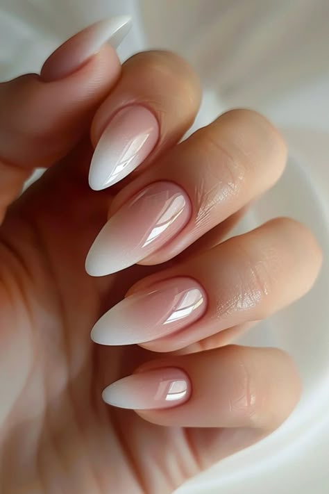 Braid Nails Wedding, Oval Ombré Nails, Ombre Nude Nails Almond Shape, Chrome Ombre French Tip Nails, Ombré French Manicure, Blended French Nails, Faded French Tip Nails, Neutral Ombre Nails Almond, Nails 2024 Ombre