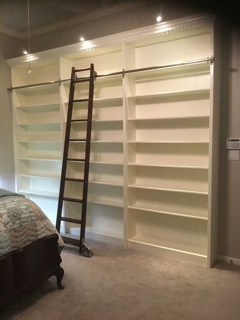 Bookshelf With Sliding Ladder, Tall Book Shelf With Ladder, Wall Bookshelf With Ladder, Home Library Ideas With Ladder, Ladder On Bookshelf, Moving Ladder Bookshelves, Library In A Closet, Tall Bookshelves With Ladder, Bookcase With Ladder Diy