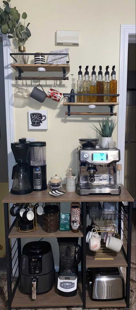 Breville Coffee Bar Ideas, Espresso Decor Ideas, Espresso Coffee Bar Ideas, Coffee Bar Shelves Ideas, Espresso Bar Cart, Coffee Bar Ideas With Espresso Machine, Espresso Machine Home Setup, Espresso Bar Ideas, Breville Espresso Machine Decor