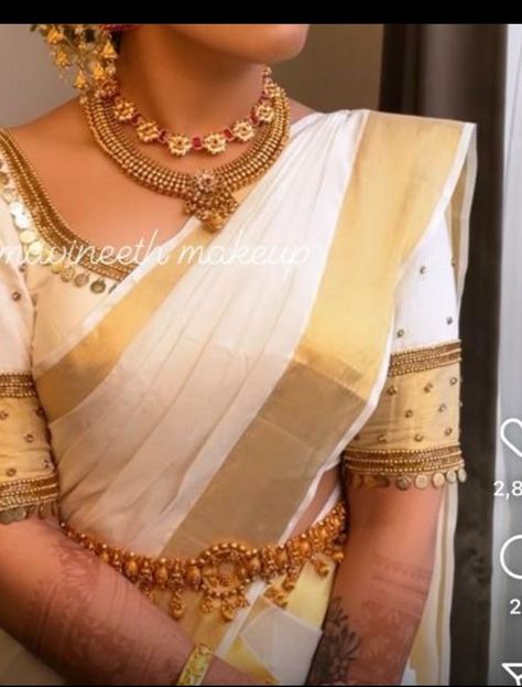 Kerala Saree Aari Work Blouse, Temple Look Kerala Bride, Kasavu Blouse Design, Kerala Temple Wedding, Kasavu Saree Blouse Designs, Set Saree Blouse Designs Kerala, Blouse Beads Work, Set Saree Kerala, White Saree Blouse