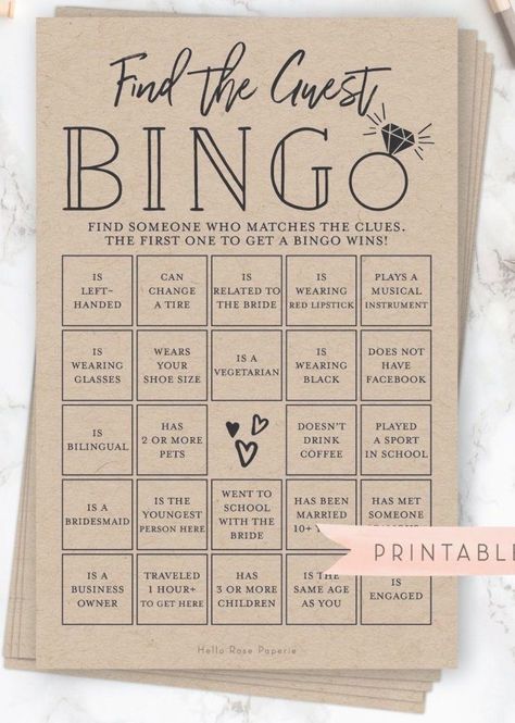 Fun Icebreaker Games, Find The Guest Bingo, Bridal Shower Questions, Guest Bingo, Different Wedding Ideas, Fun Icebreakers, Find The Guest, Friday Wedding, Marriage Reception