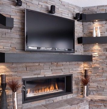 Tv Above Fireplace, Tv Ideas, Fireplace Tv Wall, Contemporary Fireplace, Corner Fireplace, Fireplace Remodel, Trendy Living Rooms, Stone Walls, Home Fireplace