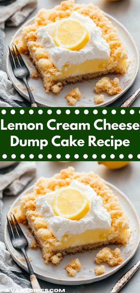 Need a refreshing dessert for your next gathering? Discover the Lemon Cream Cheese Dump Cake, a delightful mix of flavors that’s quick to prepare. This easy dessert recipe will make any occasion feel special. Assorted Cheesecake, Lemon Cream Cheese Dump Cake, Dessert Ideas Simple, Cream Cheese Dump Cake, Unique Recipes Desserts, Dump Cake Recipe, Lemon Cream Cheese, Lemon Cake Mixes, Easy Dessert Recipe