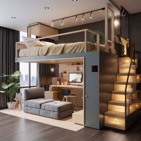 Loft Beds For Small Rooms, Modern Loft Bed, Bed With Stairs, Beds For Small Rooms, Loft Bed Plans, Loft Style Bedroom, Bed Design Modern, Loft Room, Small Room Design