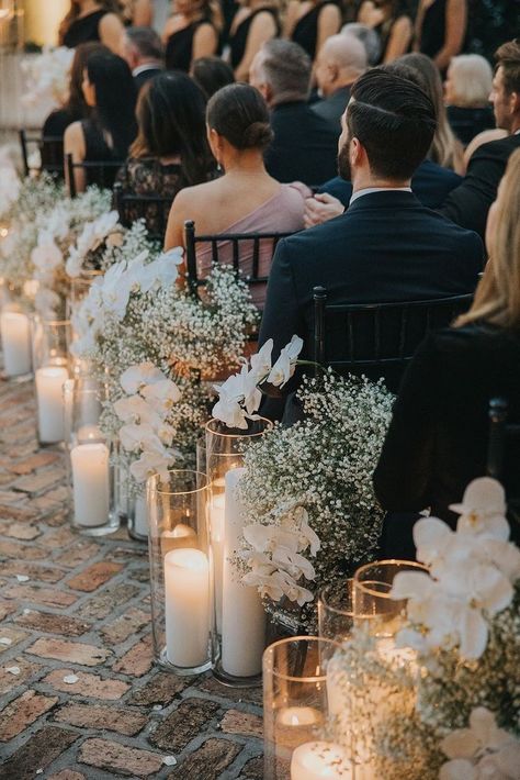 All White Ceremony Wedding, Wedding Flowers With Baby Breath, Baby Breathe Weddings, Wedding Ideas White And Black, Flowers For A Black And White Wedding, Wedding Candles And Flowers, Elegant Small Wedding Ideas, Black Theme Weddings, Hampton Style Wedding