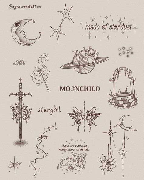 Delicate Feminine Tattoos Vintage, Vintage Star Tattoo, Mystical Tattoos For Women Sleeve, Simple Celestial Tattoo, Minimalist Sleeve Tattoo For Women, Tiny Red Tattoo, Vintage Moon Tattoo, Mystical Tattoos For Women, Whimsigoth Tattoo