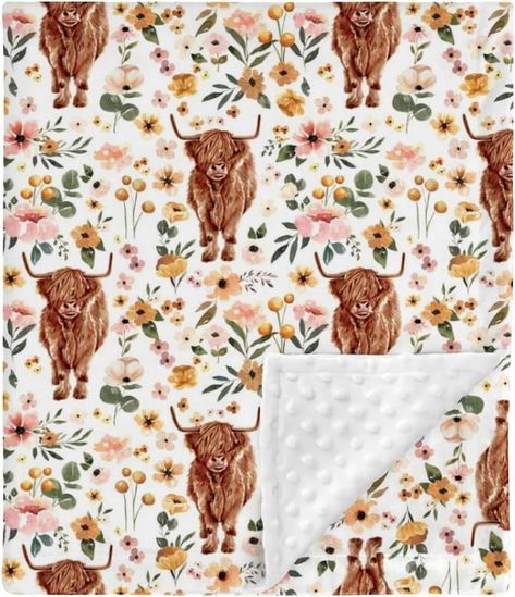 Highland Cow Floral Minky Baby Blanket Dotted Backing Girl, Boho Western Farm Animal Yak Flower Double Layer Nursery Bed Blankets, Soft Plush Newborn Infant Toddler Kid Crib Bedding 30 x 40 Highland Cow Girl Nursery, Highland Cow Nursery Girl, Cow Nursery Girl, Western Baby Girls, Nursery Bed, Western Nursery, Cow Nursery, Blankets Soft, Farm Animal Nursery