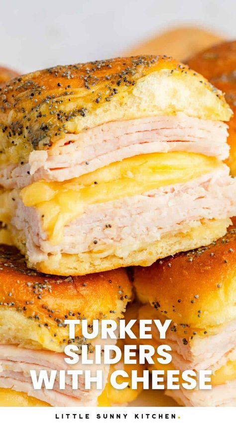 Warm and cheesy turkey sliders with cheese on buttery sweet Hawaiian rolls are irresistibly delicious, and perfect for dinner or parties. Sliders Recipes Turkey, Hawaiian Roll Sandwiches, Cheesy Turkey, Sliders Recipes Hawaiian Rolls, Easy Slider Recipes, Easy Slider, Little Sunny Kitchen, Hawaiian Roll Sliders, Rolled Sandwiches