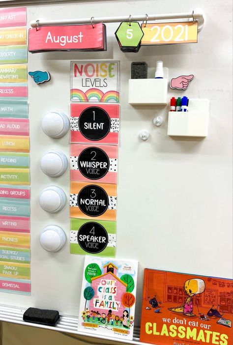 Cute Kindergarten Bulletin Board Ideas, 2nd Grade Classroom Inspiration, Best Classroom Setup, First Grade Classroom Theme Decor, 1st Grade Decorations, Prek Room Decor, Daycare Classroom Organization, Classroom List For Teachers, Classroom Whiteboard Ideas Organization