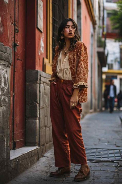 Boho Style Office Outfit, Hippy Outfits Winter, Flowy Chic Outfits, Tailored Boho Style, Flamboyant Outfit Women, Power Clashing Outfits, Bohemian Style Baggy Trousers, Outfits With Patterns, Bohemian Style High-waisted Pants