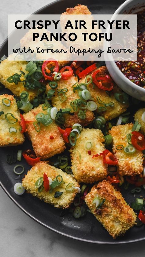 Panko Tofu Air Fryer, Air Fryer Crispy Tofu, Air Fryer Tofu Crispy, Panko Tofu, Korean Tofu Recipes, Korean Dipping Sauce, Rice And Kimchi, Meal With Rice, Air Fried Tofu