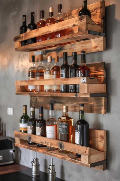 85 Creative DIY Bar Shelf Ideas You'll Love (2024) Bar Counter Wall Design, Bar Design Basement, Nook Coffee Bar, Diy Bar Shelf Ideas, Diy Bar Shelves, Bar Shelves Ideas, Wall Bar Ideas, Bar Cabinet Kitchen, Bar Shelf Ideas