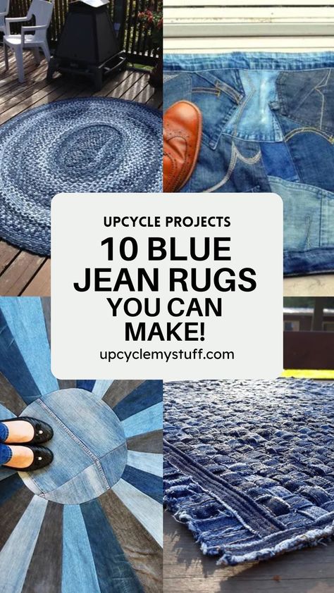 Turn old jeans into a stunning blue jeans rug! This upcycling project uses denim scraps to create a stylish homemade rug. Choose one of the denim rug DIY tutorials for step-by-step instructions on how to make a fabric rug. Perfect for denim crafts, jeans crafts, or anyone looking for denim recycle ideas. Create a rectangle rag rug or patchwork rug with these simple, free sewing tutorials. Rag Rug From Old Clothes, Leftover Jeans Projects, Denim Furniture Decorating Ideas, Repurposing Denim Jeans, Quilted Rugs Floor, What To Do With Old Jeans Ideas, Jeans Diy Ideas Recycled, Easy Denim Sewing Projects, Things To Make From Old Jeans