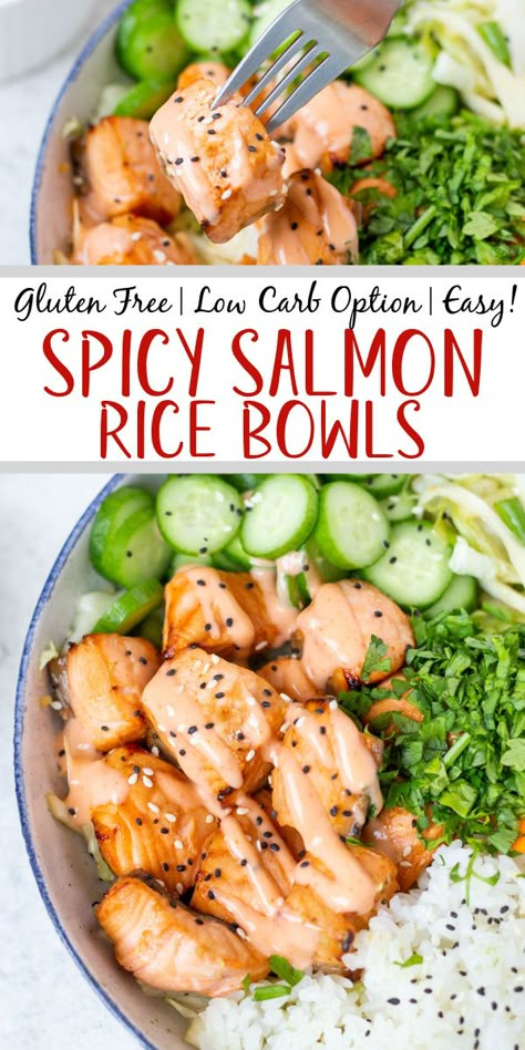 Spicy Salmon Bowl - Whole Kitchen Sink Spicy Salmon Bowl, Dairy Free Recipes Dinner, Salmon Rice, Bowls Recipes, Healthy Bowls Recipes, Salmon Bowl, Spicy Salmon, Salmon And Rice, Healthy Bowls