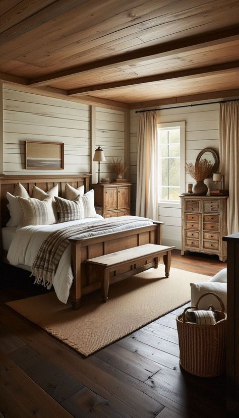 Cabin Farmhouse Bedroom, Bedrooms With Shiplap Walls, Shiplap House Interior Design, Farmhouse Shiplap Bedroom, Rustic Wood Walls Bedroom, Country Cabin Bedroom, Knotty Pine Walls Bedroom, Wood Beam Bedroom, Farmer House Decor Ideas