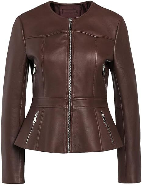 Women's Peplum Leather Jacket, Zip Front, Pockets, Brown, at Amazon Women's Coats Shop Peplum Leather Jacket, Winter Leather Jacket, Leather Jacket Winter, Womens Leather Jacket, Winter Leather Jackets, Casual Leather Jacket, Timeless Dress, Best Leather, Real Leather Jacket