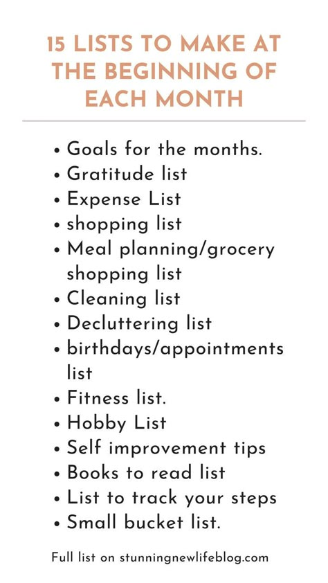 15 Lists To make at the beginning of the month | Writing lists | Time management | Organization planning | Life management | Planner tips | Organizing time | Getting things done | How to be more organized | Monthly organizing list | Organize your life by creating these 15 lists at the start of the month. #organization #liststowrite #liststomake #mothly #list Personal Life Binder Ideas, Planning For The Month, Plan Your Month Like This, Week Planning Ideas, Types Of Lists To Make, Life Planning Template, What To Put In Your Planner, Planning The Year, How To Organize Planner