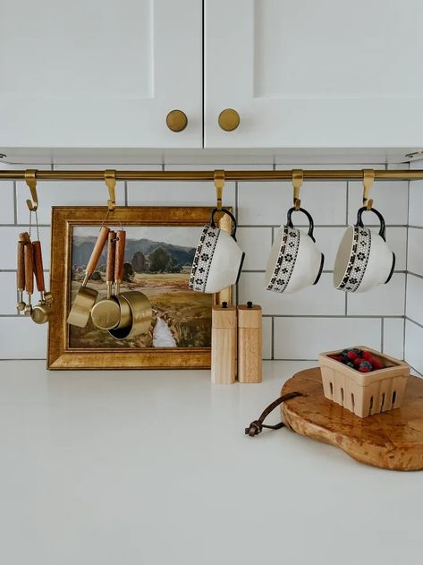 Tension Rod Kitchen Storage, Kitchen Backsplash Hanging Rod, Tension Curtain Rods Ideas, Curtain Rod Kitchen Storage, Under Cabinet Hanging Rod, Tension Rod Organization Ideas, Hanging Rod Above Stove, Kitchen Utensil Rod, Hang Kitchen Utensils