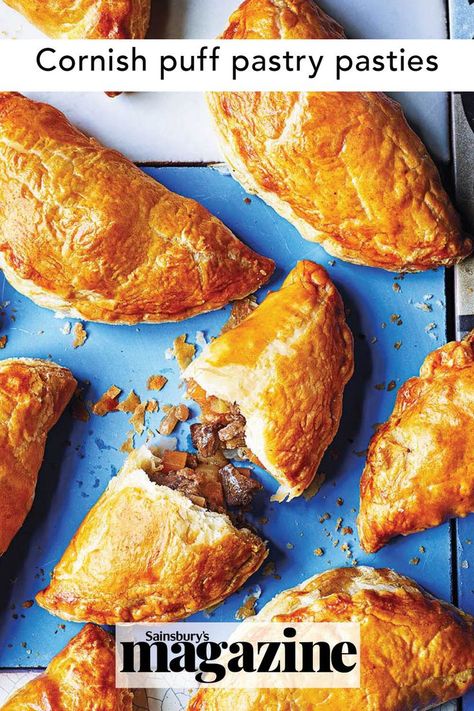 This twist on Cornish pasties uses puff pastry instead of the traditional shortcrust. Perfect as a snack! Get the Sainsbury's magazine recipe Traditional Cornish Pasty Recipe, Failsafe Recipes, Cornish Pasty Recipe, Cornish Pastry, Savory Hand Pies Recipes, Savoury Pastries, Pasty Recipe, Pasties Recipes, British Recipes