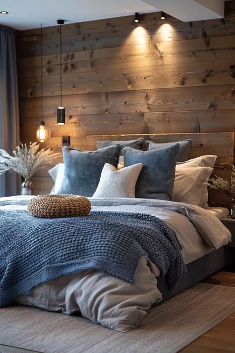 Light Grey Sheets Bedroom, Rustic Oak Bedroom Ideas, Mountain Room Aesthetic, Romantic Guest Bedroom Ideas, Simple Masculine Bedroom, Masculine Minimalist Bedroom, Mountain House Decorating Ideas, Spa Bedroom Ideas Master Suite, Nature Decor Bedroom