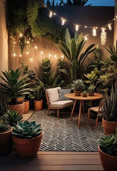 Patio With Plants Outdoor Living, Terrace Boho Ideas, Garden Patio Apartment, Small Urban Garden Ideas, Jardin Economico Ideas, Outdoor Patio Ideas Apartment, Cozy Backyard Ideas On A Budget, Plants On Patio, Indoor Patio Ideas