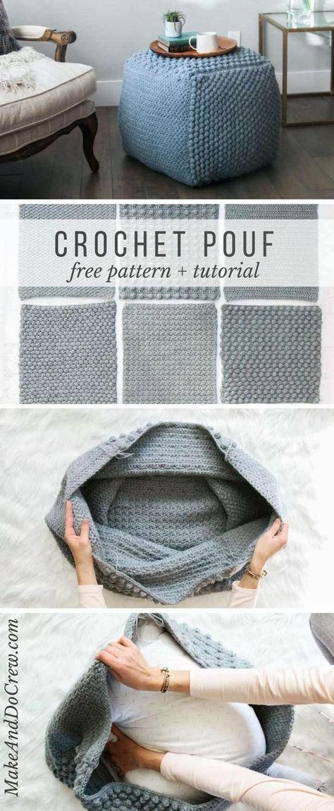 This free crochet for home pouf pattern uses economical yarn to make a chunky crochet pouf that works as a side table, ottoman or bean bag chair. Modern + fun knitting and crochet pattern. Crochet Pouf Pattern, Bean Bag Pattern, Knitting Amigurumi, Crochet Pouf, Hoodie Diy, Haken Baby, Crochet Home Decor, Crochet Afghans, Crochet For Home