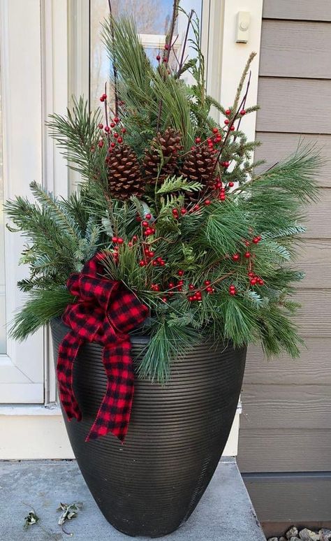 Christmas Flower Pots Outdoor, Outdoor Christmas Pots, Christmas Planters Outside Front Porches, Porch Pots, Christmas Urns, Outdoor Christmas Planters, Holiday Planter, Winter Planter, Christmas Pots