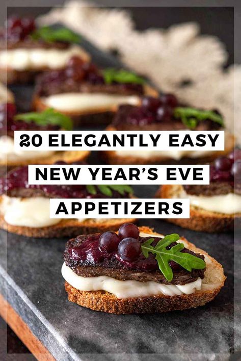 These elegantly easy New Year's Eve Appetizers are elevated and impressive, but won't take all day to prepare! Enough crispy, crunchy, sweet and savory canapés, crostini, croquets, pates, and eye-catching delights for omnivores, vegetarians and vegans too – you'll have an easy time mix and matching these beautiful hors d'oeuvres for your special affair. Menu For New Years Eve, Elegant Cocktail Party Food Appetizers, Menu For New Years Eve Party, New Years Eve Menu Ideas Appetizers, New Years Eve Dinner Party Menu Ideas, New Years Eve Menu Ideas Dinners, Nye Menu Ideas, Easy Fancy Appetizers, Healthy New Years Eve Recipes