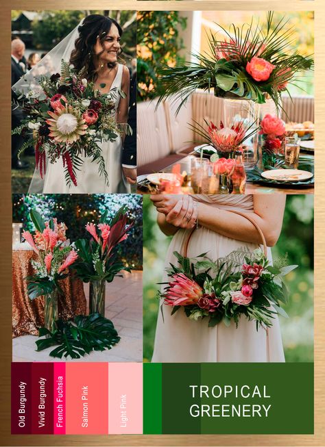 Burgundy Tropical Wedding, Tropical Wedding Theme Color Palettes, Jungle Wedding Color Palette, Tropical Chic Color Palette, Hawaiian Wedding Colors, Hawaii Wedding Colors Palette, Tropical Fall Wedding, Beach Wedding Theme Ideas Color Palettes, Tropical Wedding Palette