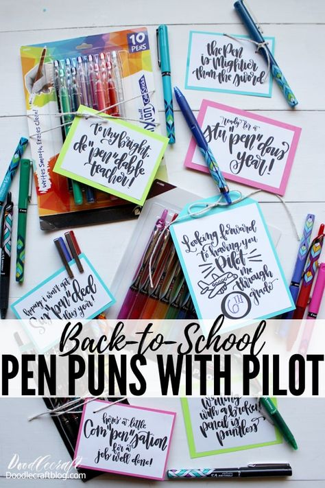 Pilot Pens with clever puns printed on tags scattered on table showcasing many varieties and colors of Pilot pens, precise, G2 and Frixion color sticks Teacher Pen Gift Idea, Pen Puns Gift, Pen Sayings Gift Ideas, Pen Appreciation Tags, Pens For Teachers Gift Ideas, Pen Quotes Gift, Teacher Appreciation Gifts Flair Pens, Pencil Puns For Students, Flair Pens Teacher Gift