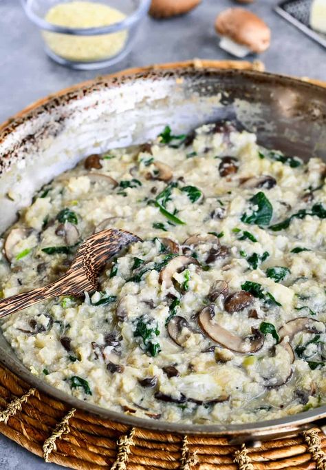 This Mushroom Risotto with Cauliflower Rice has a rich creamy sauce and an umami mushroom taste that's as warm and comforting as traditional risotto. It's just as easy to make but it's grain free and full of nutrient rich vegetables.  A paleo, gluten free recipe with a vegan option and Whole30 compliant. Creamed Vegetables, Traditional Risotto, Creamy Mushroom Risotto, Cauliflower Rice Risotto, Gluten Free Recipe, Mushroom Risotto, Tasty Vegetarian Recipes, Risotto Recipes, Creamy Mushrooms