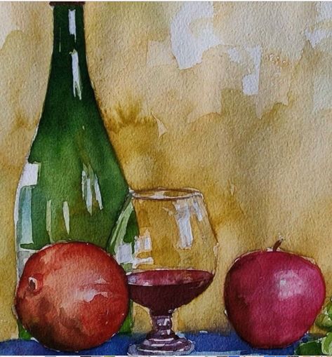 Still Life Objects Painting, Still Life And Nature Drawing, Life Still Painting, Watercolour Painting Still Life, Object Watercolor Paintings, Painting Of Glass Objects, Object Drawing Painting, Watercolor Still Life Simple, Water Colour Fruit Painting