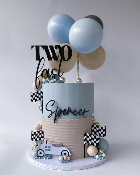 TWO FAST ✨ Another cutie for Spencer’s second birthday - love this theme 🏎️🩵 Inspo from @mamaloveshighstreet birthday party styling… | Instagram Too Fast Cake Ideas, Too Fast Birthday Party Cake, Fast Two Birthday Theme, Fast One Cake Ideas, Birthday Themes For Boys 2nd, 2nd Birthday Cake For Boy, Second Birthday Party Themes Boy, Deco Birthday Simple, Two Fast Too Curious Birthday Cake