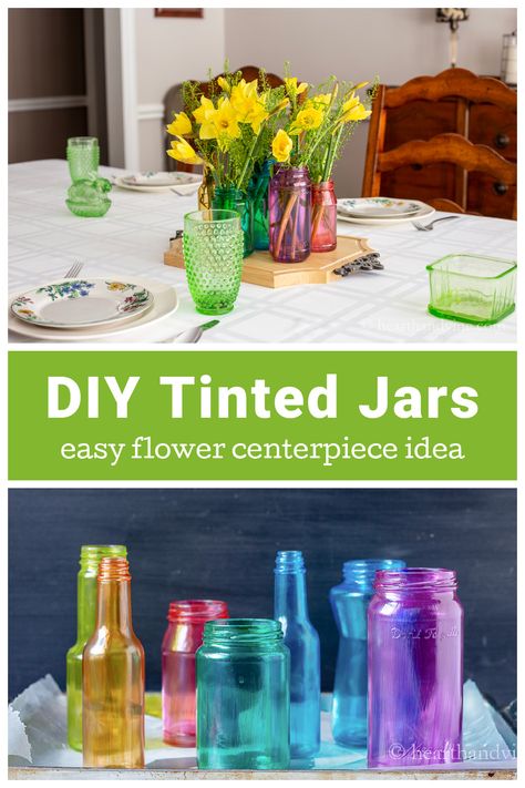 Upcycle empty glass jars with food coloring and mod podge for a beautiful look to your table with minimal time and cost. Crafts With Food, Tinted Glass Jars, Modge Podge Glass, Tip Jar Ideas, Glass Jar Diy, Arabian Nights Prom, Mod Podge Glass, Tinting Glass, Glass Jars Diy