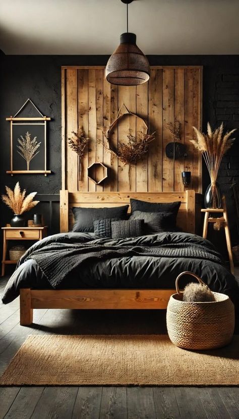 15+ Cozy Black Bedroom Ideas for the Ultimate Comfort 47 Black Country Bedroom Ideas, Black And Wood Theme Bedroom, Full Black Bedroom, Dark Blue Rustic Bedroom, Black Bedroom Boho, Boho Western Master Room Bedroom Ideas, Viking Bedroom Aesthetic, Black Sheets Bedroom Ideas, Wood And Black Decor