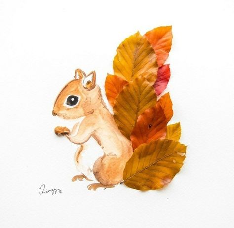 Squirrel Art, Fall Art Projects, Leaf Crafts, Fall Crafts For Kids, Autumn Crafts, Art Et Illustration, Arte Animal, Nature Crafts, Autumn Activities