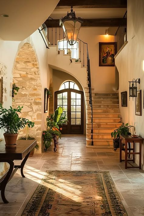 Spanish House Interior Living Room, Traditional Houses Interior, Mediterranean House Designs Interiors, House Interior Elegant, Earth Style Home, House Mediterranean Interior, Spain Home Decor, Traditional House Bedroom, Meditarian House Interior