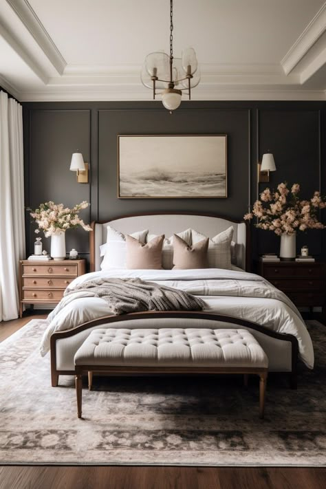 Moody Elegant Interior, Masterbedroom Bedroom Designs, Transitional Master Suite, Classy Guest Bedroom, Bedroom Wall Moulding Ideas, Dark Main Bedroom Ideas, Small Moody Bedroom Ideas, Guest Bedroom Hotel Style, 2025 Bedroom Trends