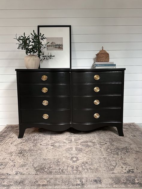 Vintage Hepplewhite Drexel, Curved Black Dresser, Refinished Beautiful Condition, Free Local Delivery by RobinsGardenArt on Etsy Dresser Living Room, Iron Garden Gates, Dresser Refinish, Style Dresser, Black Dresser, Black Dressers, Beautiful Dresser, Dining Room Buffet, Bedroom Dresser