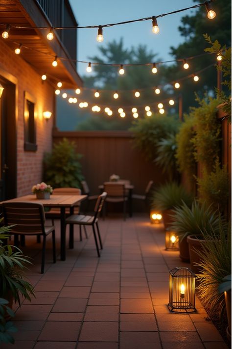 Urban-inspired outdoor area with zigzag string lights and caged floor lamps Backyard Patio Lighting, Paint Wainscoting, Patio Lights String, Porch Lighting Ideas, Patio On A Budget, Patio Lighting Ideas, Unique Backyard, Backyard Lights, Rustic Bedroom Design