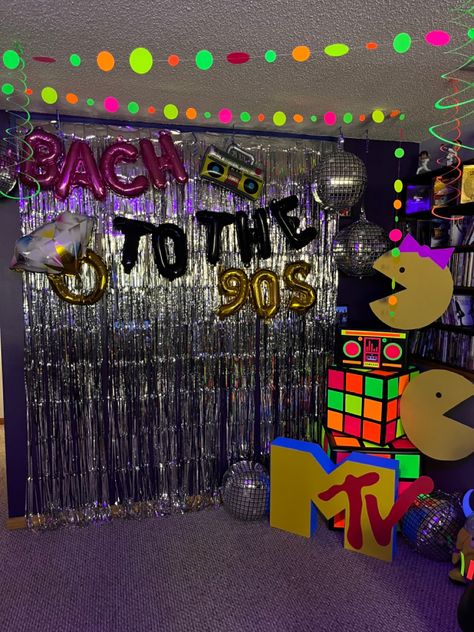 90s Party Ideas Decoration Photo Booths, 90s Theme Backdrop, 90s Themed Bday Party, Nineties Party Decorations, 90s Birthday Decorations, 90s Homecoming Theme, 90s Birthday Party Decorations, 90 Theme Birthday Party Ideas, 90 Decorations Party Ideas