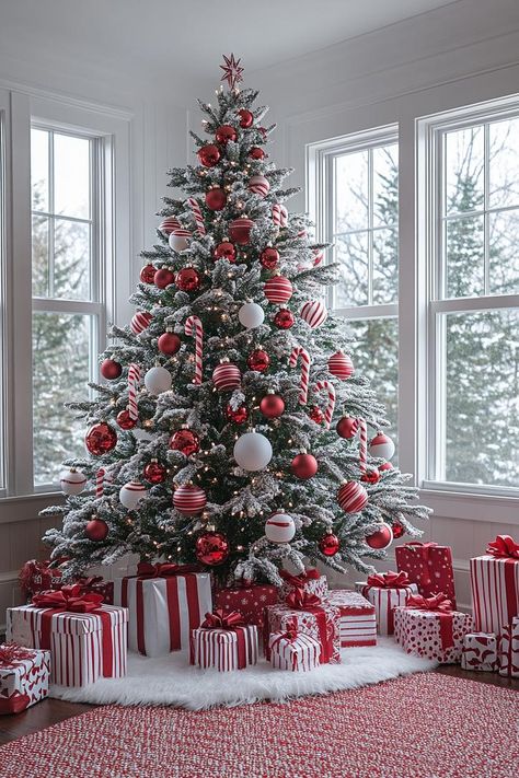 21 Best Red and White Christmas Decor Ideas 2024 4 Decoration Tree Christmas, White Christmas Tree Red Ornaments, Christmas Tree Decorations White And Red, Red White Xmas Tree, White Tree Ideas Christmas, Christmas Tree Red And White Ideas, White Silver Red Christmas Tree, Red Decor Christmas Tree, Christmas Tree Red Ideas