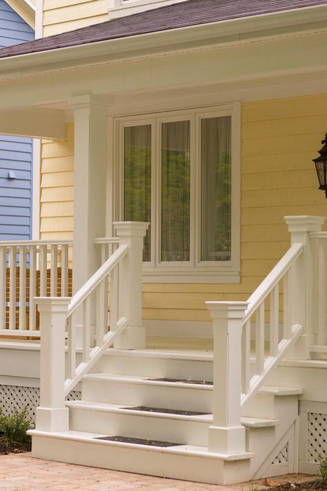 11 Great Wooden Front Step Ideas Front Porch Rails, Exterior Porch Ideas, Front Steps Ideas, Front Step Ideas, Railing Flower Boxes, Cape Cod Farmhouse, Porch Skirting, Front Porch Stairs, Porch Rails