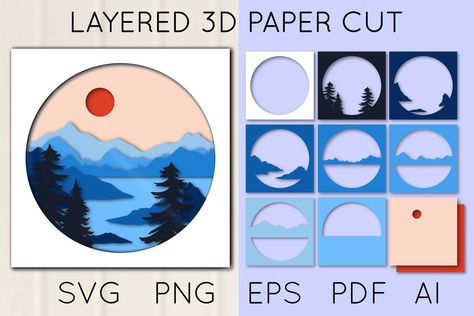 3d Paper Cut Art Templates Free Printable, 3d Layered Paper Art Template, Layered 3d Papercut, Mountain Paper Craft, Cut Out Art Templates, 3d Paper Art Templates Free Printable, Layered Paper Art Diy, Paper Cutout Design, Paper Cut Out Design